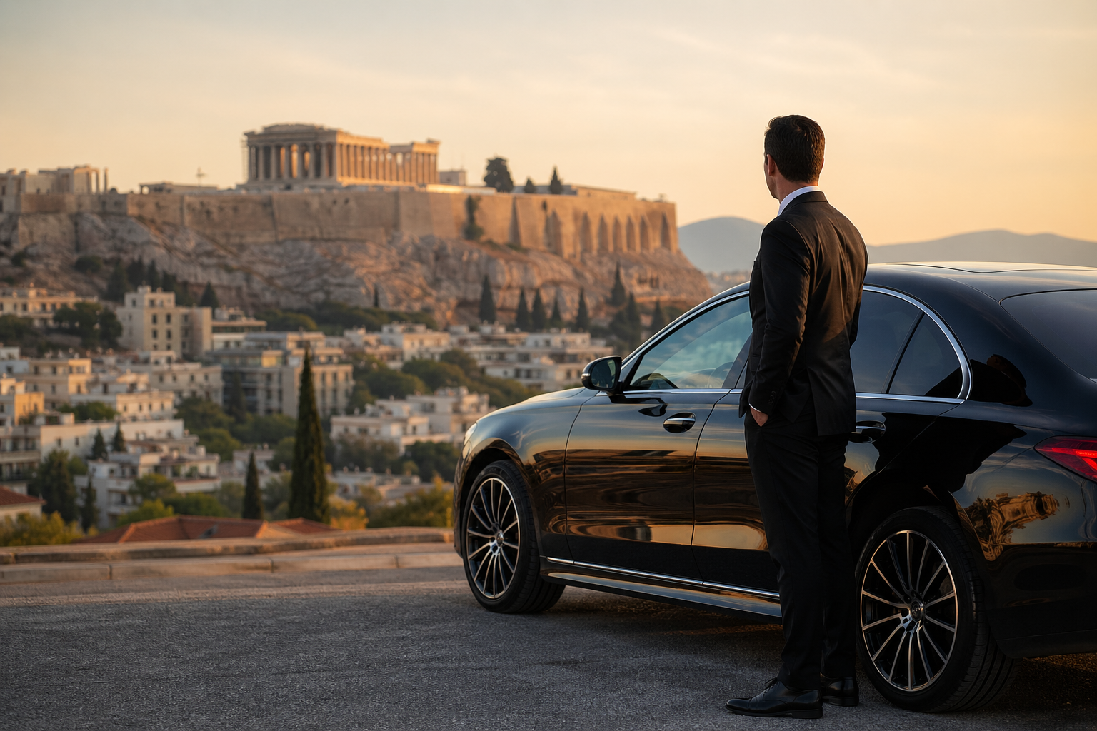 Chauffeur standing beside a black Mercedes sedan with the Acropolis at golden hour in the background